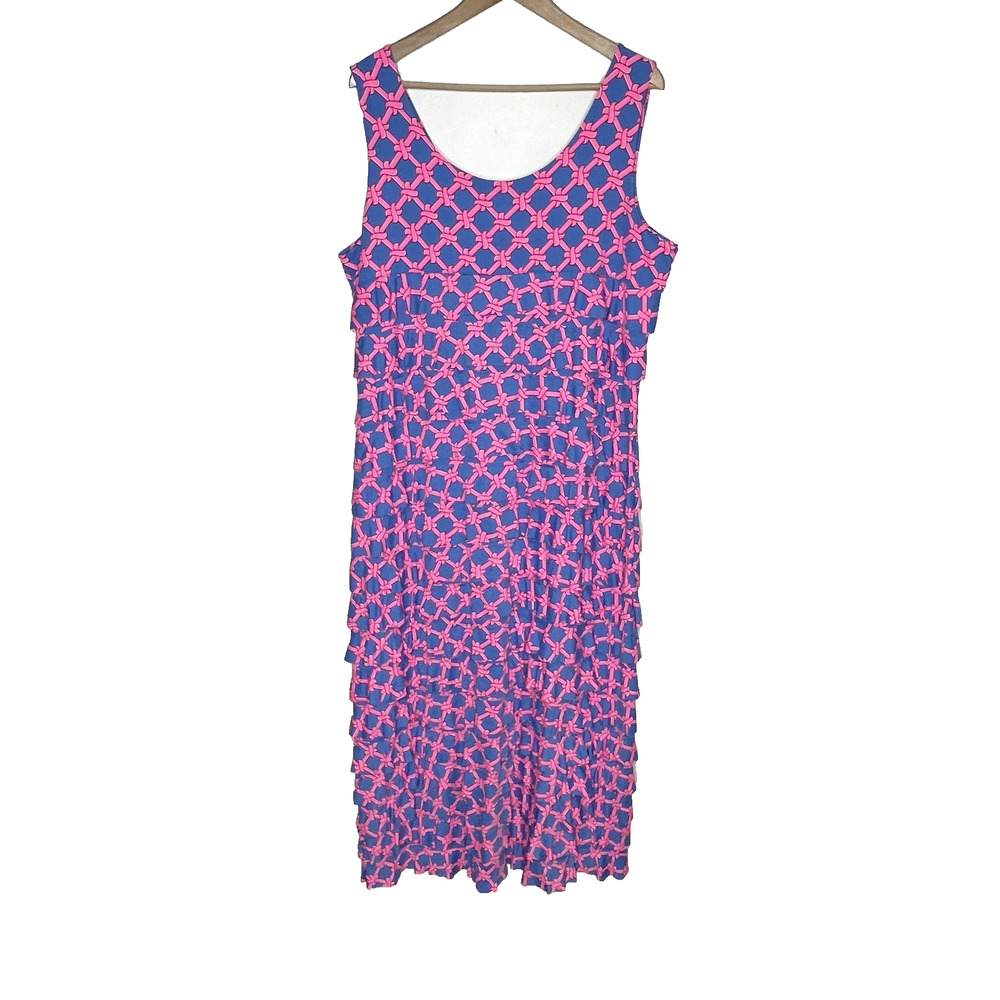 Lulu-B Sleevless Ruffle Maxi Dress Women XL Blue Pink Geometric Vacation Resort